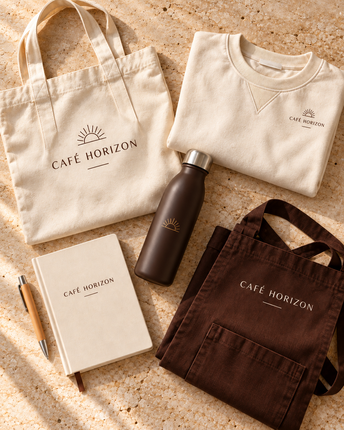 Vue du dessus de l’ensemble Café Horizon : tote bag, gourde, sweat avec logo poitrine, carnet, stylo et tablier personnalisés